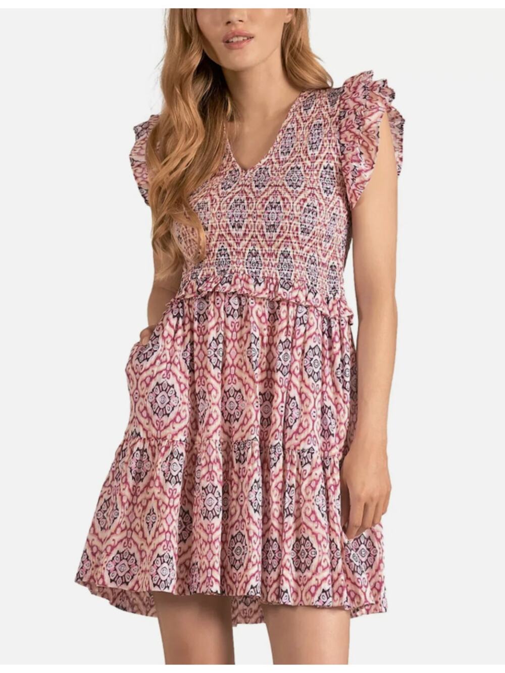 ELAN WOMENS XLARGE RUFFLE SLEEVE MINI DRESS LAVENDER IKAT PRINT NEW